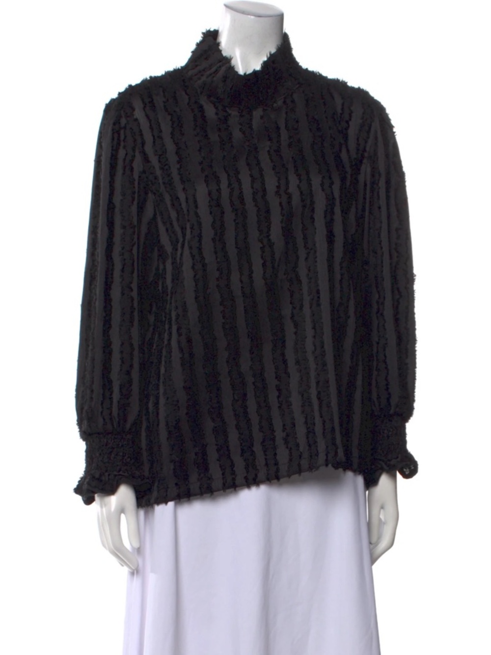 Buru Black Textured Long Sleeve Mock Neck Mod Top Blouse Large